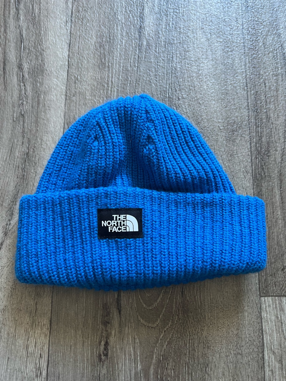 The North Face TNF Logo Box Cuffed Beanie Hat Electric Blue Ribbed Knit